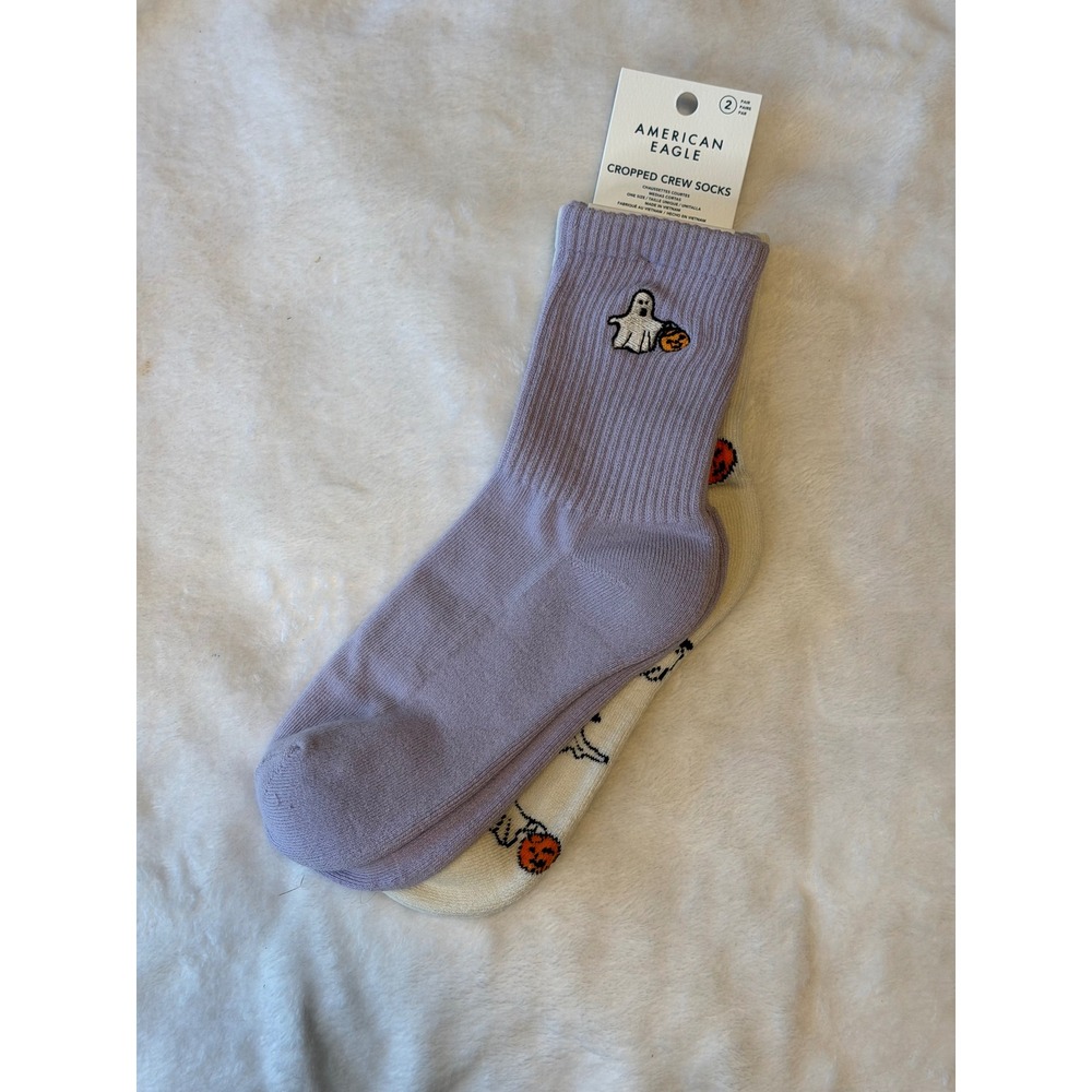American Eagle Womans Halloween Ghost Cropped Crew Socks 2 Pair Purple Cream NWT
